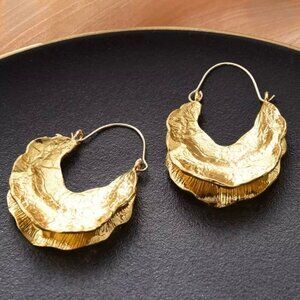 New African Fulani Basket Hoop Earrings 14K Gold Plated Textured Metal Boho